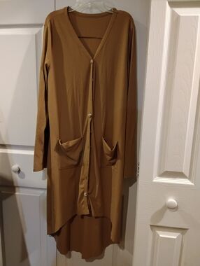 Long Button-Front Cardigan with Pockets - Camel